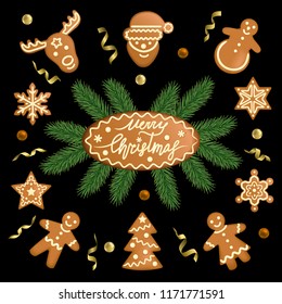 Christmas and New Year symbols, icons, winter holiday. Greeting card with ingerbread set and fir isolated on black background. Vector objects forms gingerbread toys, holiday items and decorations.