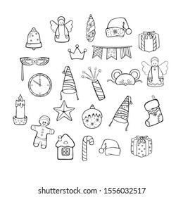 Christmas and New Year symbols icons set. Hand-drawn linear drawing for coloring and design. Isolated vector on a white background.