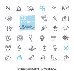 Christmas and New year symbols. Linear icons on the theme of winter holidays