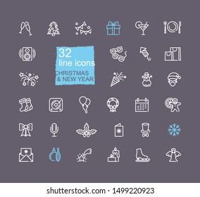 Christmas and New year symbols. Linear icons on the theme of winter holidays