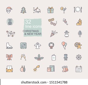 Christmas and New year symbols. Linear icons on the theme of winter holidays
