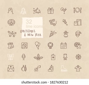 Christmas and New year' symbols on craft paper. winter holidays theme Linear icons.