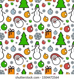 christmas and new year symbols pattern: santa claus, christmas tree, gift, christmas ball, snowman, snow