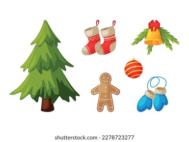 Christmas and New Year symbols set. Gingerbread man, Christmas tree, stockings, bauble and mittens cartoon vector illustration