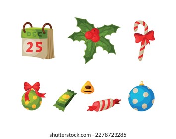 Christmas and New Year symbols set. Bauble, calendar, mistletoe, candy cane cartoon vector illustration