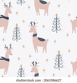 Christmas and New Year symbols tree and deer scandinavian hand drawn seamless pattern. Vector cute print. Digital paper. Design element