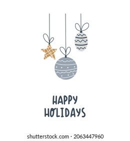 Christmas and New Year symbols tree and text - happy holidays. Scandinavian hand drawn style. Design element.