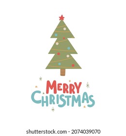 Christmas and New Year symbols tree and text - Merry Christmas. Scandinavian hand drawn style. Design element.