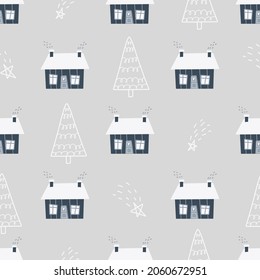 Christmas and New Year symbols with winter house and Christmas trees scandinavian hand drawn seamless pattern. Vector cute print. Digital paper. Design element