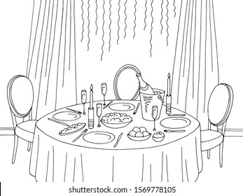 Christmas And New Year Table Dining Room Graphic Black White Sketch Home Interior Illustration Vector