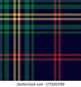 Christmas and New Year tartan check plaid pattern vector in dark blue, green, red, yellow. Seamless herringbone textured plaid for flannel shirt, tablecloth, or other New Year winter print.