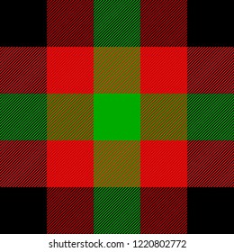 Christmas and new year tartan plaid. Scottish pattern in black, red and green cage. Scottish cage. Traditional Scottish checkered background. Seamless fabric texture. Vector illustration