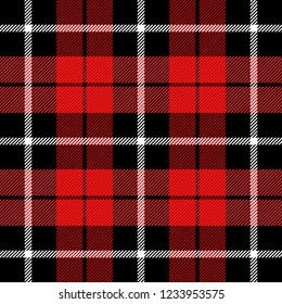 Christmas and new year tartan plaid. Scottish pattern in black, red and white cage. Scottish cage. Traditional Scottish checkered background. Seamless fabric texture. Vector illustration