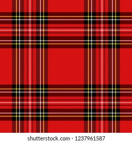 Christmas and new year tartan plaid. Scottish pattern in black, red and yellow cage. Scottish cage. Traditional Scottish checkered background. Seamless fabric texture. Vector illustration