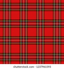 Christmas and new year tartan plaid. Scottish pattern in black, red and yellow cage. Scottish cage. Traditional Scottish checkered background. Seamless fabric texture. Vector illustration