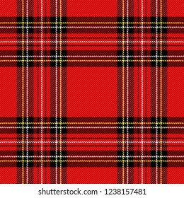 Christmas and new year tartan plaid. Scottish pattern in black, red and yellow cage. Scottish cage. Traditional Scottish checkered background. Seamless fabric texture. Vector illustration