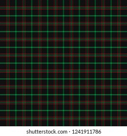 Christmas and new year tartan plaid. Scottish pattern in black, red and green cage. Scottish cage. Traditional Scottish checkered background. Seamless fabric texture. Vector illustration