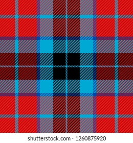Christmas and new year tartan plaid. Scottish pattern in black, red and blue cage. Scottish cage. Traditional Scottish checkered background. Seamless fabric texture. Vector illustration