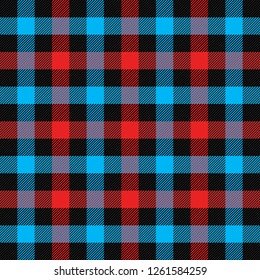 Christmas and new year tartan plaid. Scottish pattern in black, red and blue cage. Scottish cage. Traditional Scottish checkered background. Seamless fabric texture. Vector illustration