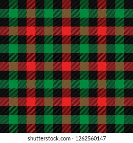 Christmas and new year tartan plaid. Scottish pattern in black, red and green cage. Scottish cage. Traditional Scottish checkered background. Seamless fabric texture. Vector illustration