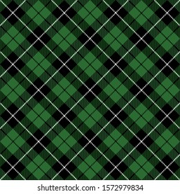Christmas and new year tartan plaid. Scottish diagonal pattern in black, green and white cage. Scottish cage. Traditional Scottish checkered background. Seamless fabric texture. Vector illustration