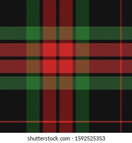 Christmas and new year tartan plaid. Scottish pattern in black, red and green cage. Scottish cage. Traditional Scottish checkered background. Seamless fabric texture. Vector illustration