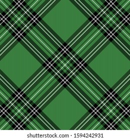 Christmas and new year tartan plaid. Scottish diagonal pattern in black, green, white cage. Stewart Royal clan. Traditional Scottish checkered background. Seamless fabric texture. Vector illustration