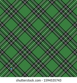 Christmas and new year tartan plaid. Scottish diagonal pattern in black, green, white cage. Stewart Royal clan. Traditional Scottish checkered background. Seamless fabric texture. Vector illustration