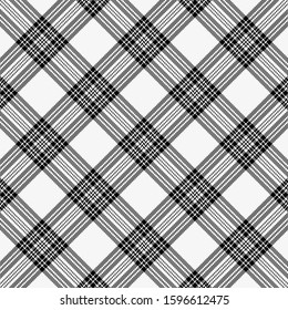 Christmas and new year tartan plaid. Scottish diagonal pattern in black and white cage. Stewart Royal clan. Traditional Scottish checkered background. Seamless fabric texture. Vector illustration
