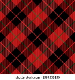 Christmas and new year tartan plaid. Scottish diagonal pattern in black, red and green cage. Scottish cage. Traditional Scottish checkered background. Seamless fabric texture. Vector illustration