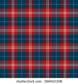 Christmas and new year tartan plaid. Scottish pattern in red, blue and white cage. Scottish cage. Traditional Scottish checkered background. Seamless fabric texture. Vector illustration