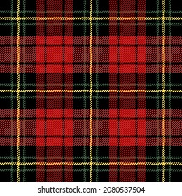 Christmas and new year tartan plaid. Scottish pattern in red, black and green cage. Scottish cage. Traditional Scottish checkered background. Seamless fabric texture. Vector illustration
