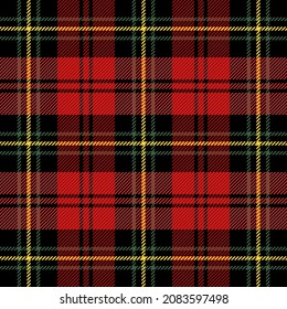 Christmas and new year tartan plaid. Scottish pattern in red, black and green cage. Scottish cage. Traditional Scottish checkered background. Seamless fabric texture. Vector illustration