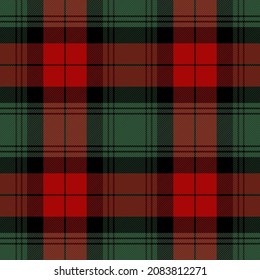 Christmas and new year tartan plaid. Scottish pattern in red, black and green cage. Scottish cage. Traditional Scottish checkered background. Seamless fabric texture. Vector illustration