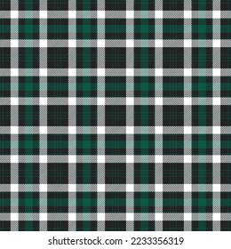 Christmas and new year tartan plaid. Scottish pattern in green, black and white cage. Scottish cage. Traditional Scottish checkered background. Seamless fabric texture. Vector illustration