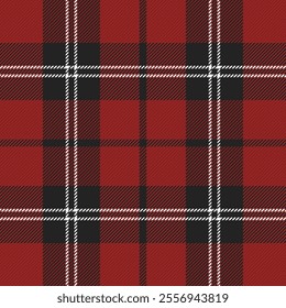 Christmas and new year tartan plaid. Scottish pattern in black, red and white cage. Scottish cage. Traditional Scottish checkered background. Seamless fabric texture. Vector illustration