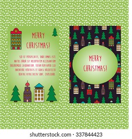 Christmas or New Year template (back and front side) with Christmas trees and old building. Vector illustration for greetings card design, invitation, banner etc. 