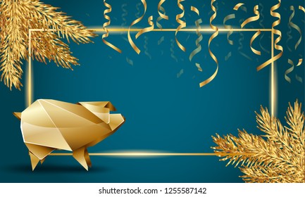 Christmas and New Year Template background with Golden Fir Branches, Golden Pig And Serpentine