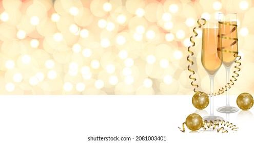 Christmas and New Year template. Bokeh light background, glasses with champagne, golden serpentine, brilliant golden balls, glitter. Social media, social network. Vector illustration