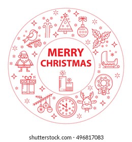 Christmas. New Year. Template Christmas cards for your design. Symbols, icons Christmas. Santa Claus, reindeer, gift arranged in the form of a circle