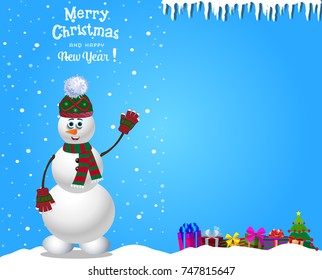 Christmas and new year template with cute cartoon snowman in knitted hat and scarf on blue on snowy background with fir tree, gifts and space for text. Vector illustration, template.