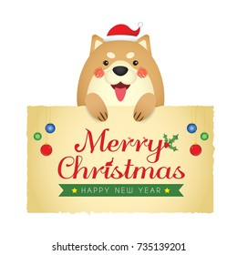 Christmas & new year template design. Cute cartoon dog holding paper with christmas & new year greetings isolated on white background. Vector illustration.