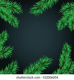 Christmas and New Year template for greeting in frame of tree branches. The frame of fir isolated on a dark background vector illustration. Template for postcards or banner with fir