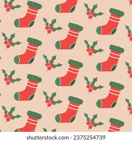 Christmas and New Year template with mistletoe and sock. Fashionable retro style. Vector template.