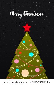 Plantilla de Navidad y Año Nuevo Ilustración vectorial en estilo retro Árbol de Navidad decorado con bolas y guirnaldas sobre fondo negro nevado