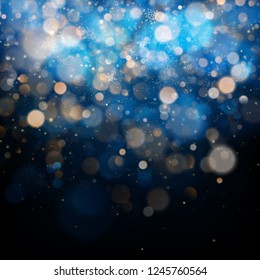 Christmas and New Year template with white blurred snowflakes, glare and sparkles on blue background. EPS 10