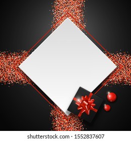 Christmas or New Year template for your arts and copy space with white frame, red balls, gift box and glitter sparkles on dark background. Vector illustration