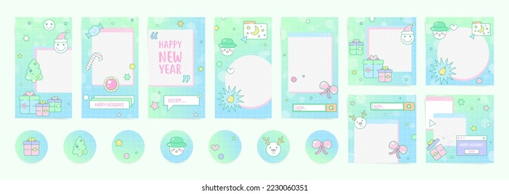 Christmas and New Year templates for social marketing in trendy vaporware retro design. Set of cute cartoon elements like Christmas tree, gift, snowman, retro computer window frames. Futuristic set.