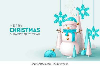 Diseño vectorial de texto de Navidad y año nuevo. Tarjeta de saludo de navidad en heladas de invierno al aire libre con carácter de hombre de nieve, árbol de abetos y elementos de copos de nieve. Temporada navideña de ilustraciones de vectores 