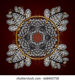 Christmas and New Year theme. Golden snowflakes decorated with circles and dots. Happy smiling snowflakes. Vector winter design on a brown background.
